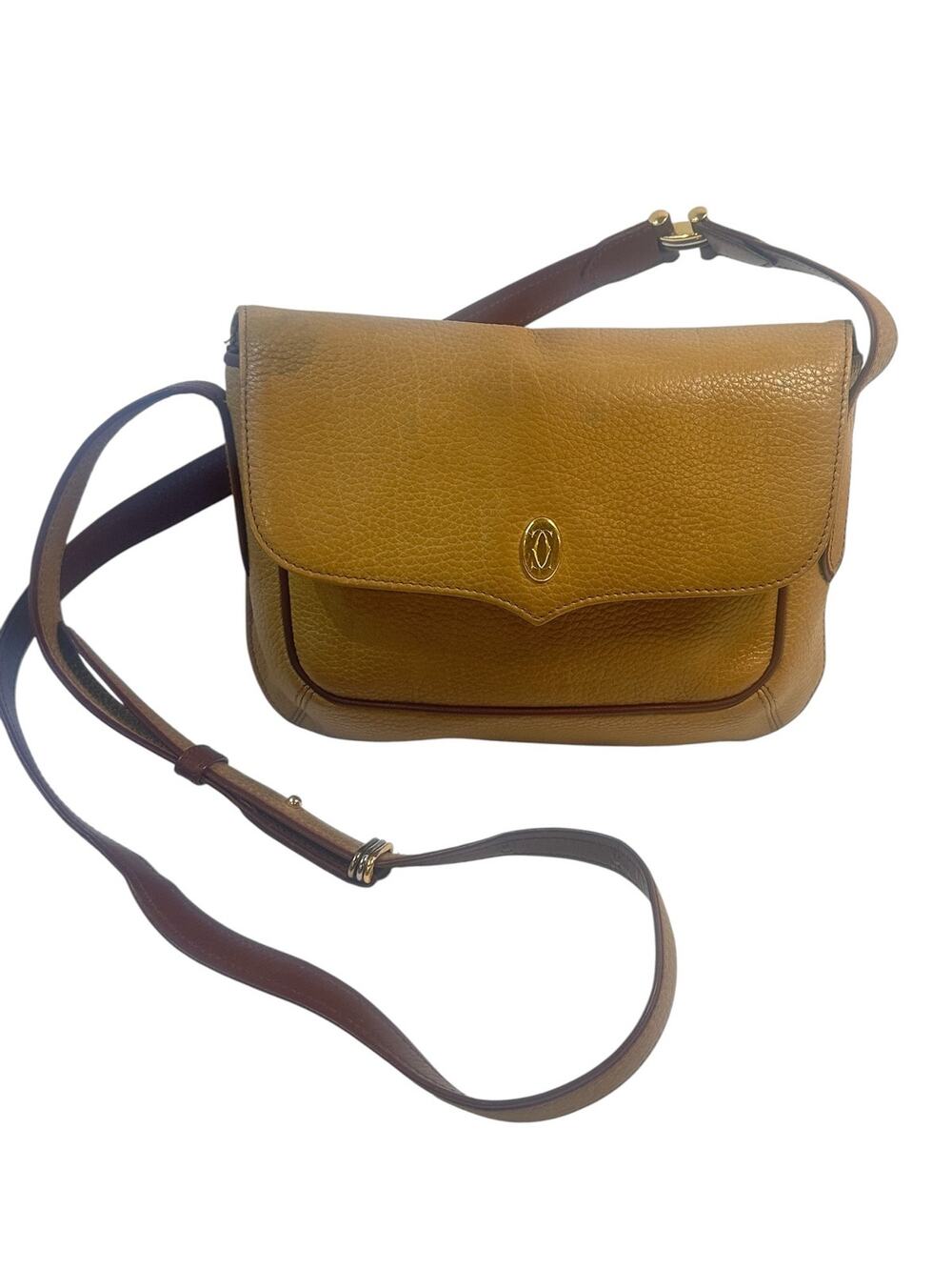 Cartier Mustard Yellow Leather Crossbody Bag Burgundy Trim Vintage with COA/Bag